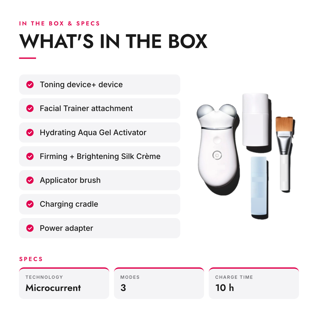 What's in the box and specifications: Microcurrent Facial Toning Device Kit with Interchangeable Attachment