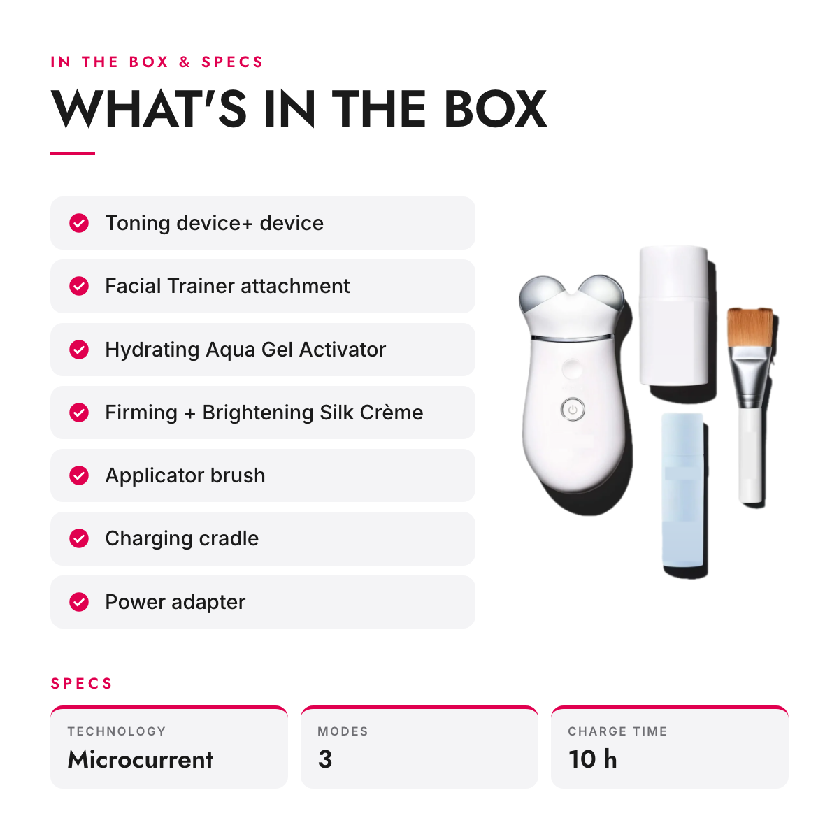 What's in the box and specifications: Microcurrent Facial Toning Device Kit with Interchangeable Attachment
