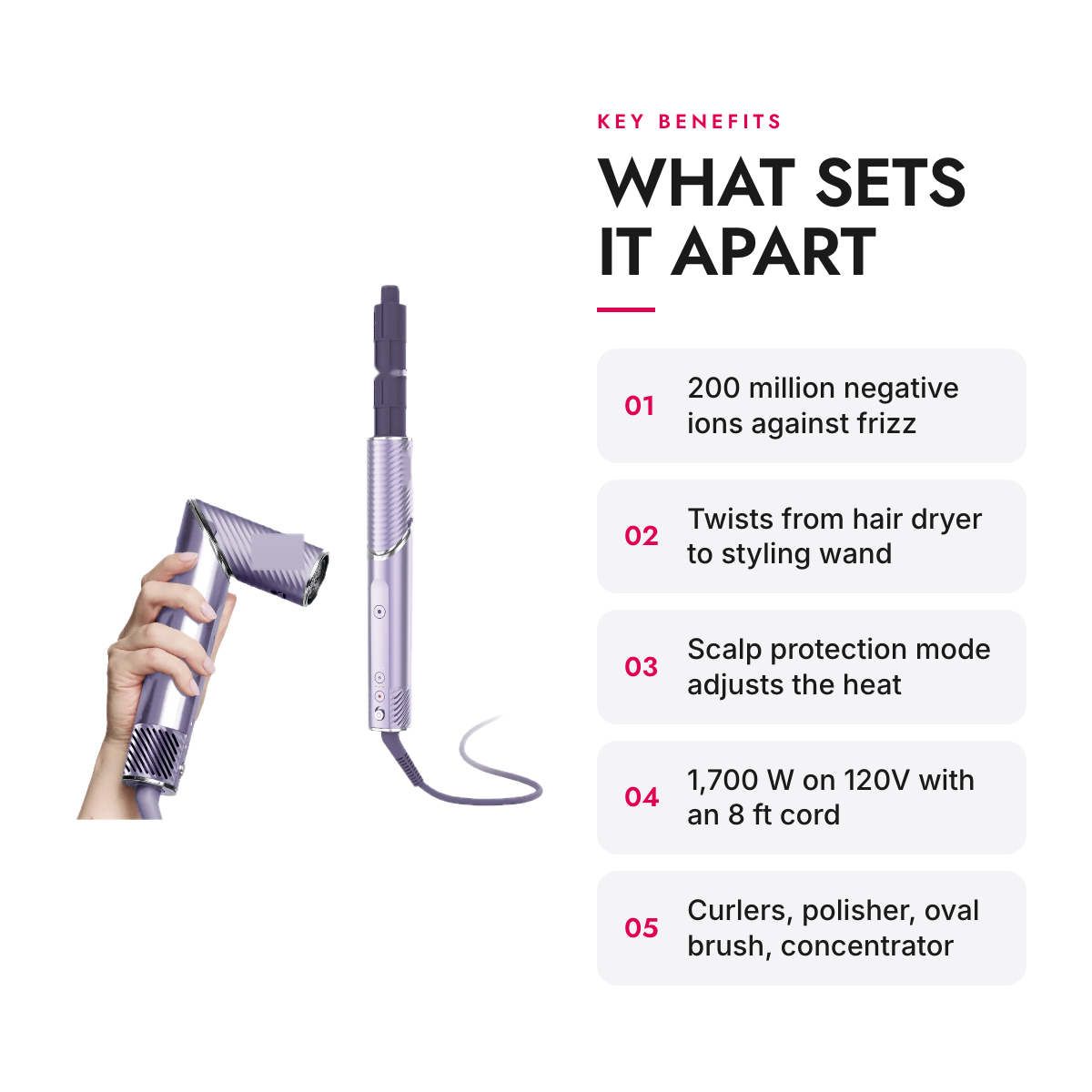 Key benefits of the Ionic 2-in-1 Hair Dryer and Air Styler with Auto-Wrap Curlers, Lilac