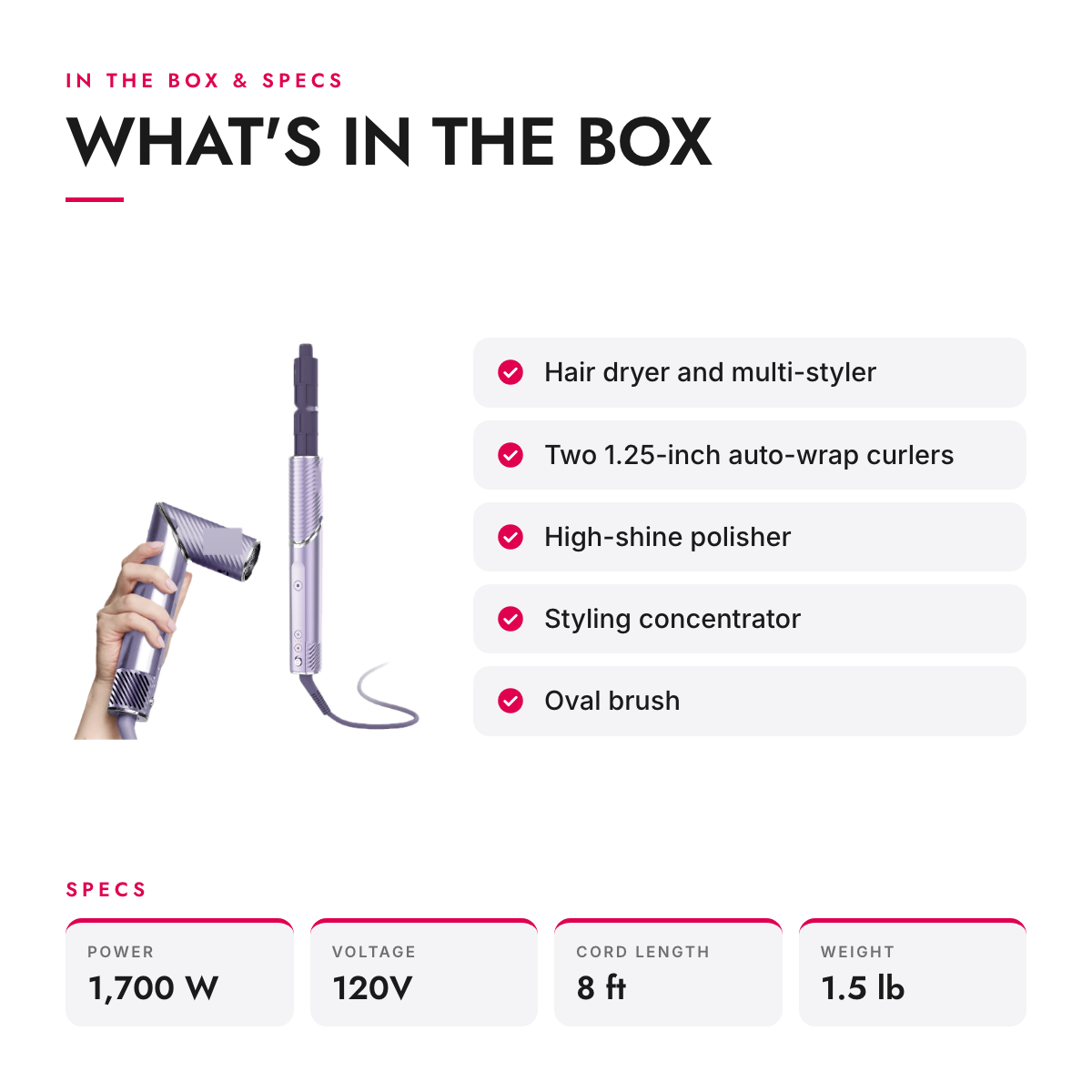 What's in the box and specifications: Ionic 2-in-1 Hair Dryer and Air Styler with Auto-Wrap Curlers, Lilac