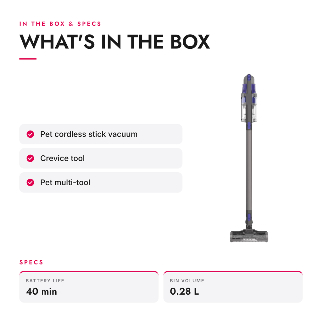 What's in the box and specifications: Pet Cordless Stick Vacuum with Removable Hand Vac and LED Headlights