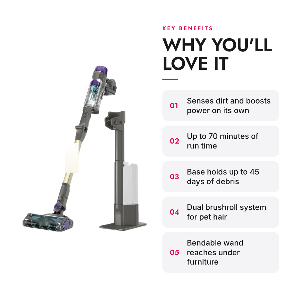 Key benefits of the Cordless Stick Vacuum with Auto-Empty Charging Base and Dirt Detection
