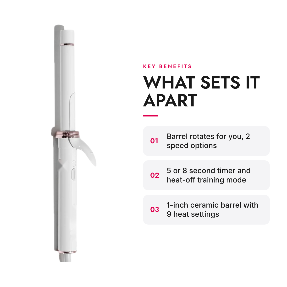 Key benefits of the Auto-Rotating 1-Inch Ceramic Curling Iron with Curl Timer and Dual Voltage