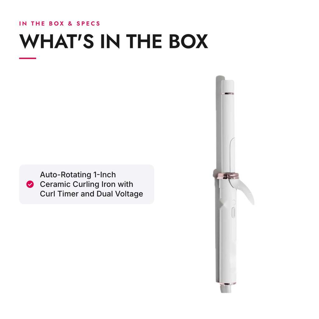 What's in the box and specifications: Auto-Rotating 1-Inch Ceramic Curling Iron with Curl Timer and Dual Voltage