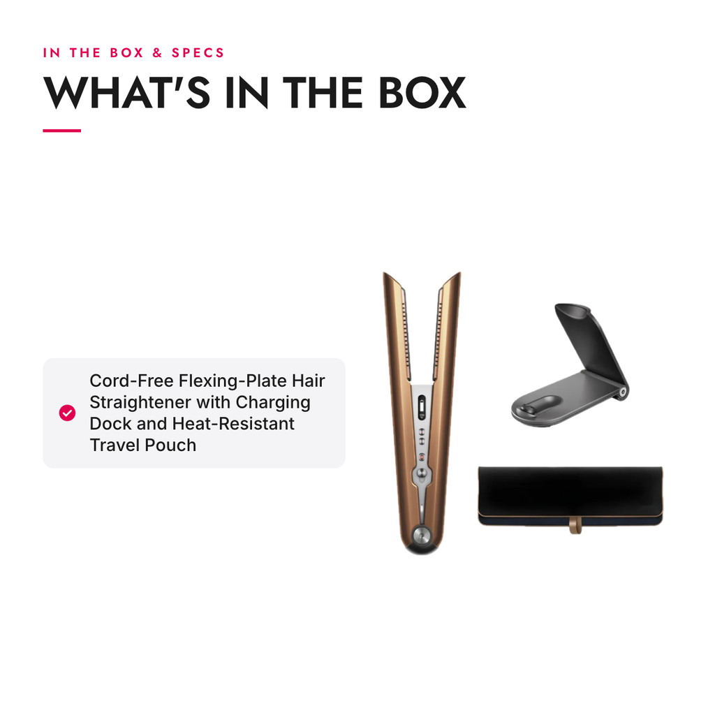 What's in the box and specifications: Cord-Free Flexing-Plate Hair Straightener with Charging Dock and Heat-Resistant Travel Pouch