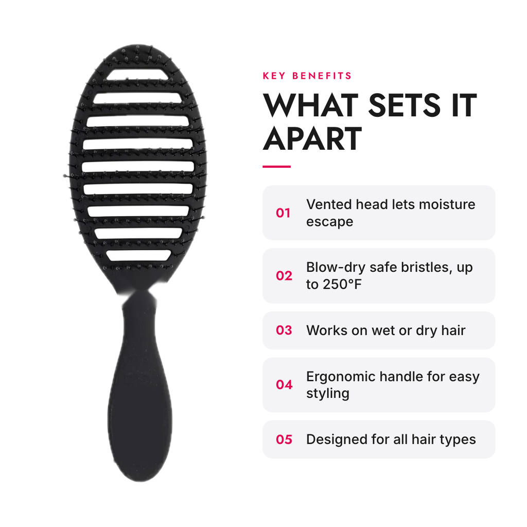 Key benefits of the Vented Blow-Dry Hair Brush with Heat-Safe Bristles, Black