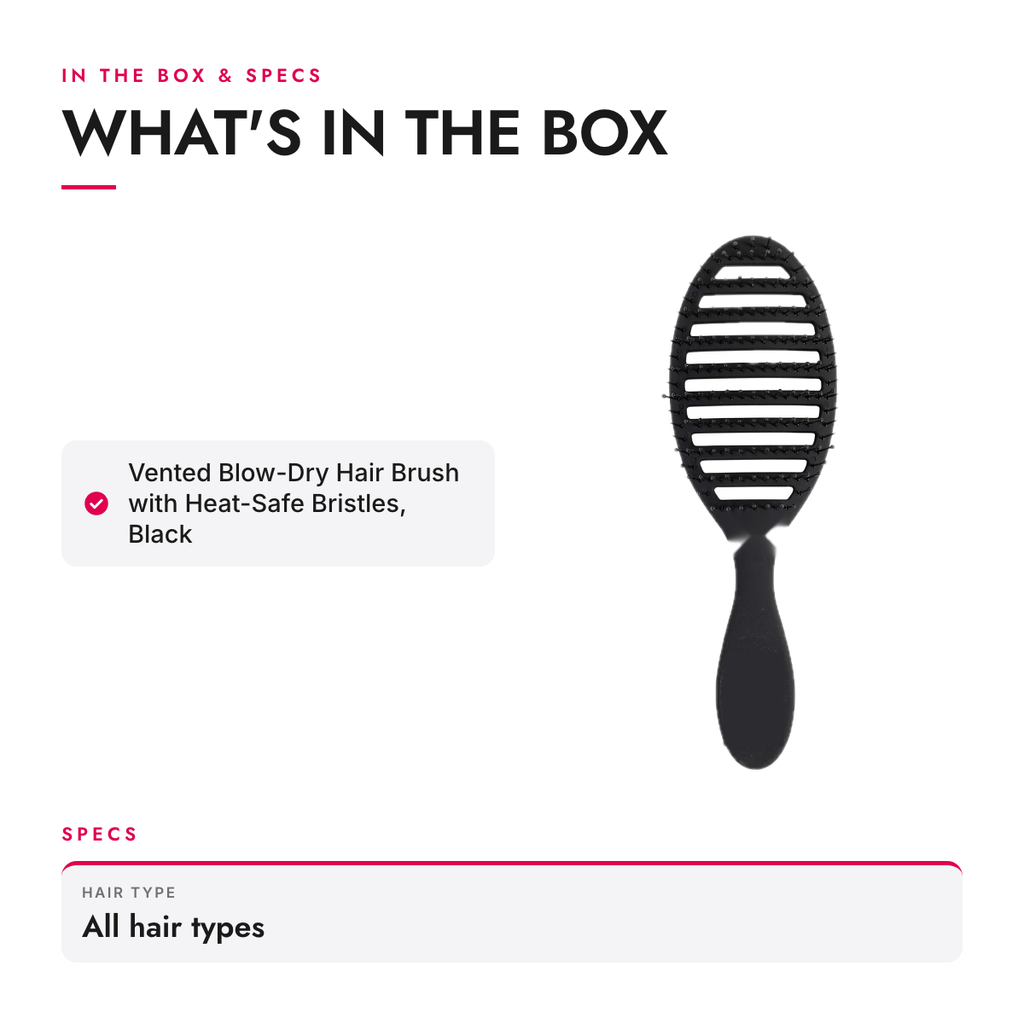 What's in the box and specifications: Vented Blow-Dry Hair Brush with Heat-Safe Bristles, Black