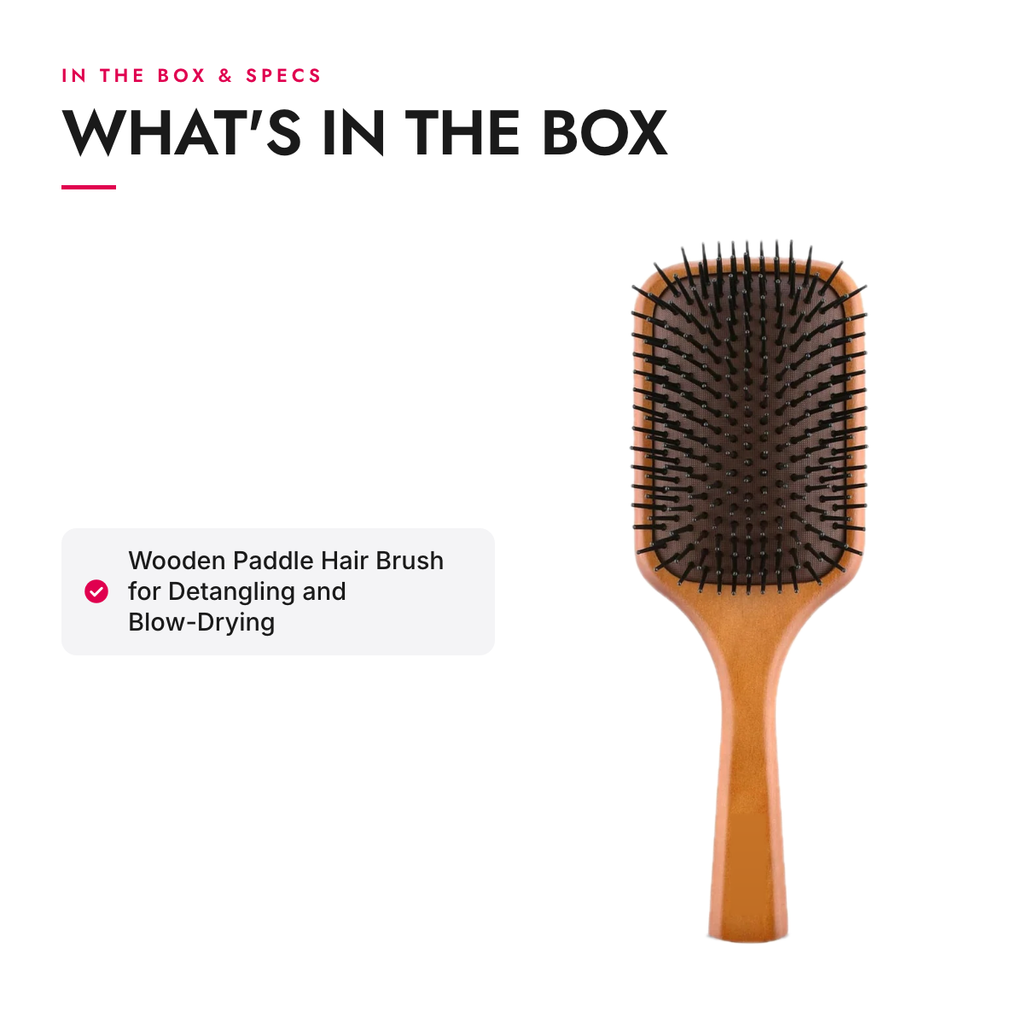 What's in the box and specifications: Wooden Paddle Hair Brush for Detangling and Blow-Drying