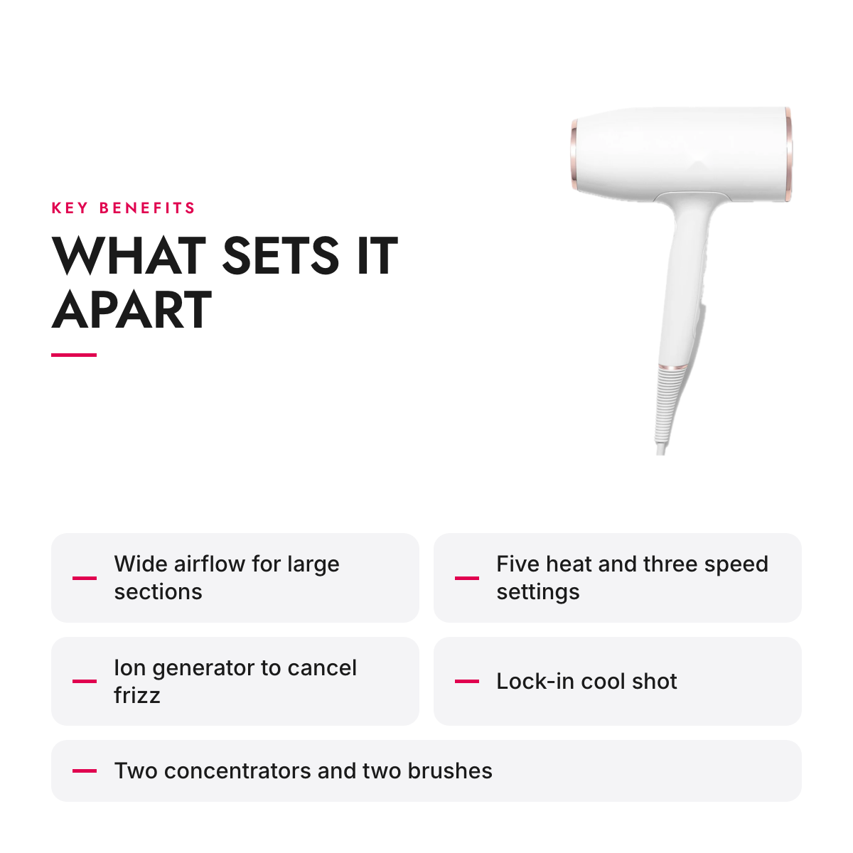 Key benefits of the 1875 W Ionic Hair Dryer with Two Concentrators and Two Brushes