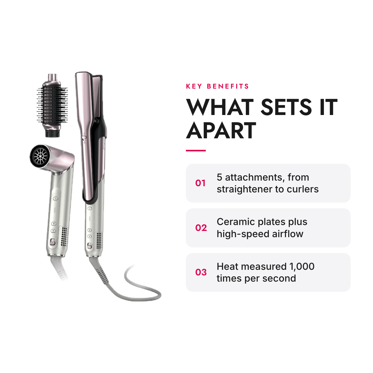 Key benefits of the 6-in-1 Air Styler and Hair Dryer with Ceramic Air Straightener, Round Brush and Auto-Wrap Curlers