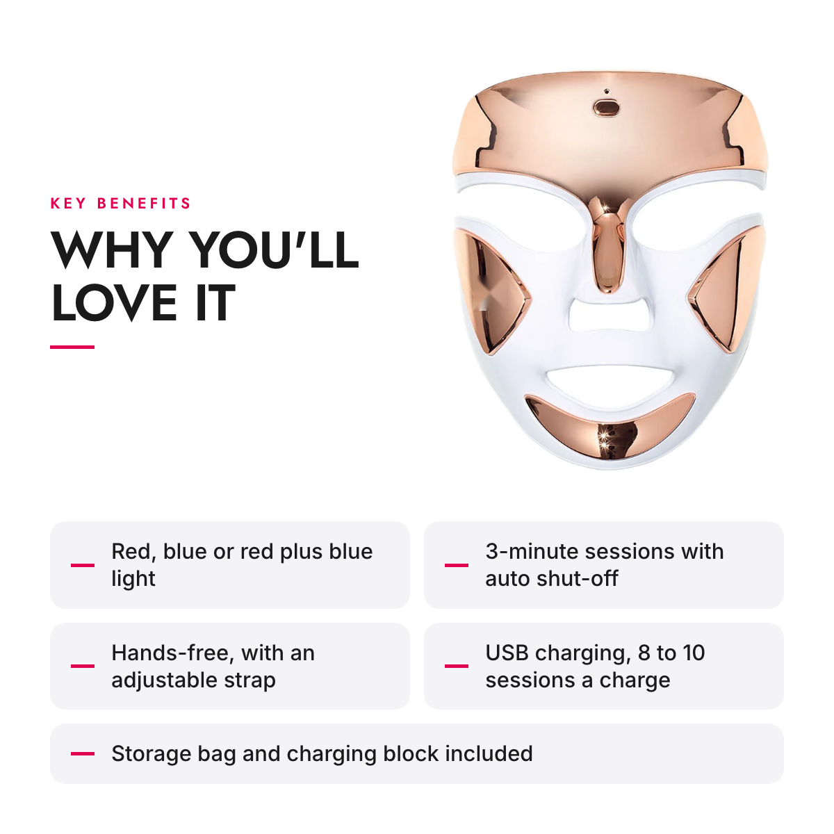 Key benefits of the 3-Minute Red and Blue LED Face Mask, Cordless