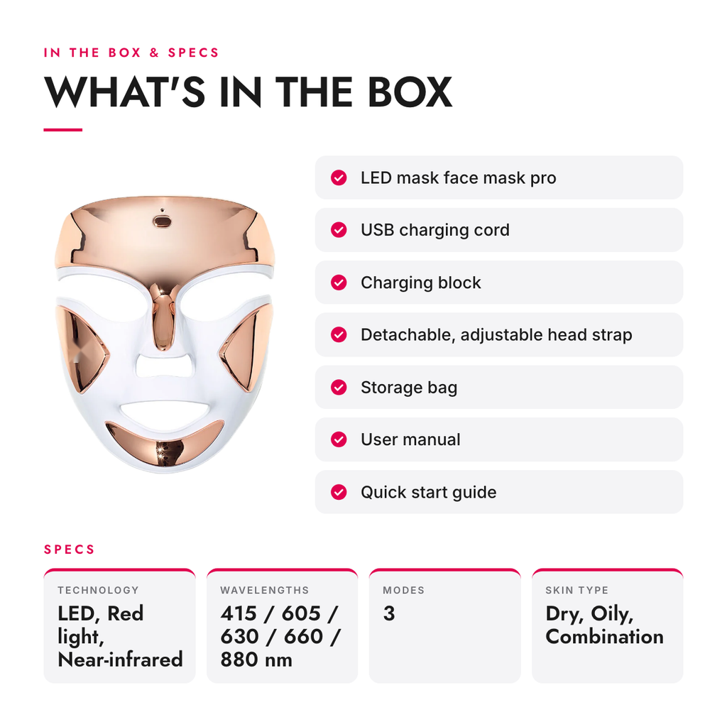 What's in the box and specifications: 3-Minute Red and Blue LED Face Mask, Cordless