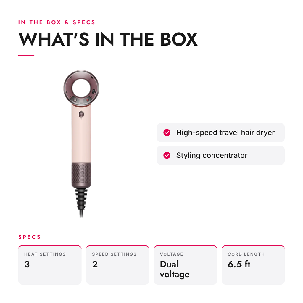 What's in the box and specifications: Compact Travel Hair Dryer with Styling Concentrator