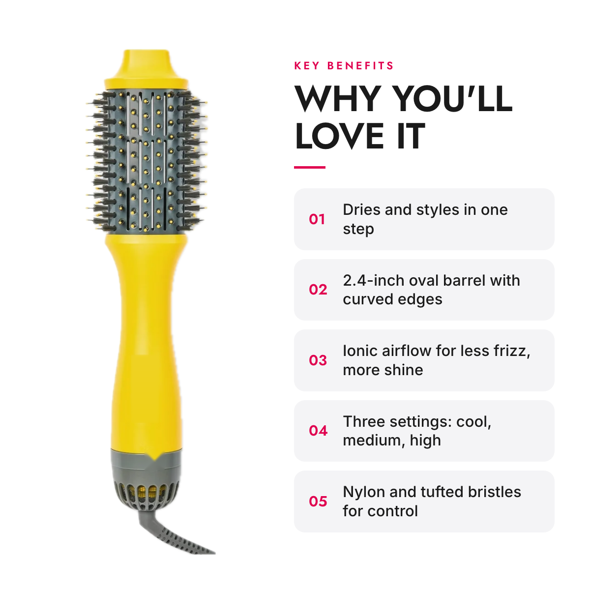 Key benefits of the Ionic Oval Blow-Dryer Brush, 2.4-Inch Barrel