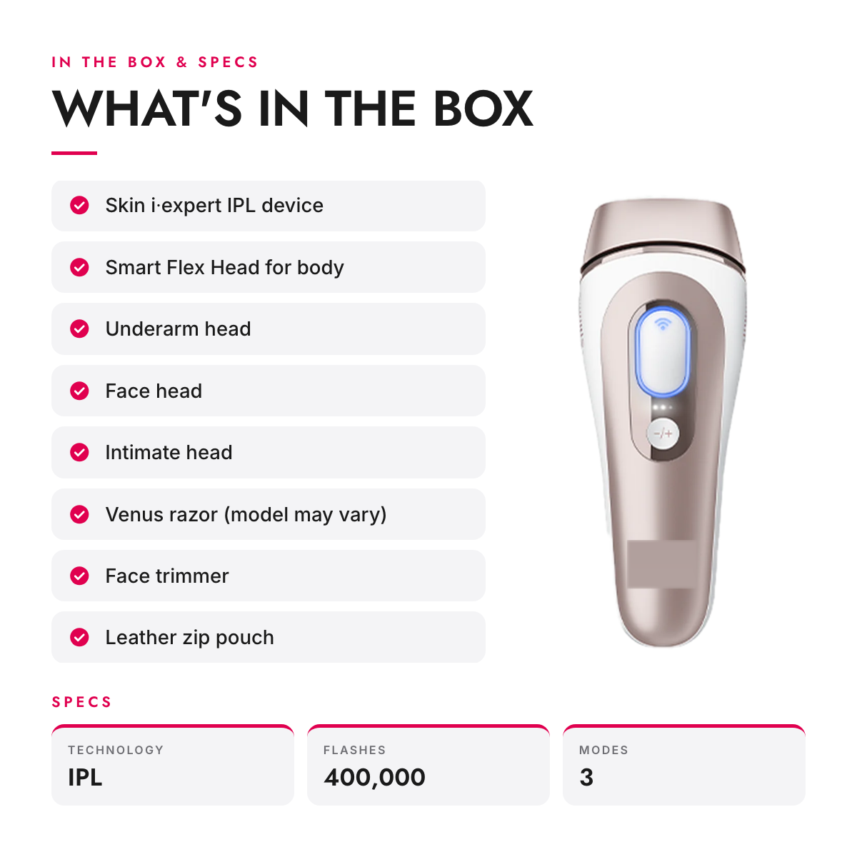 What's in the box and specifications: Smart At-Home IPL Hair Removal Device with App and 4 Heads