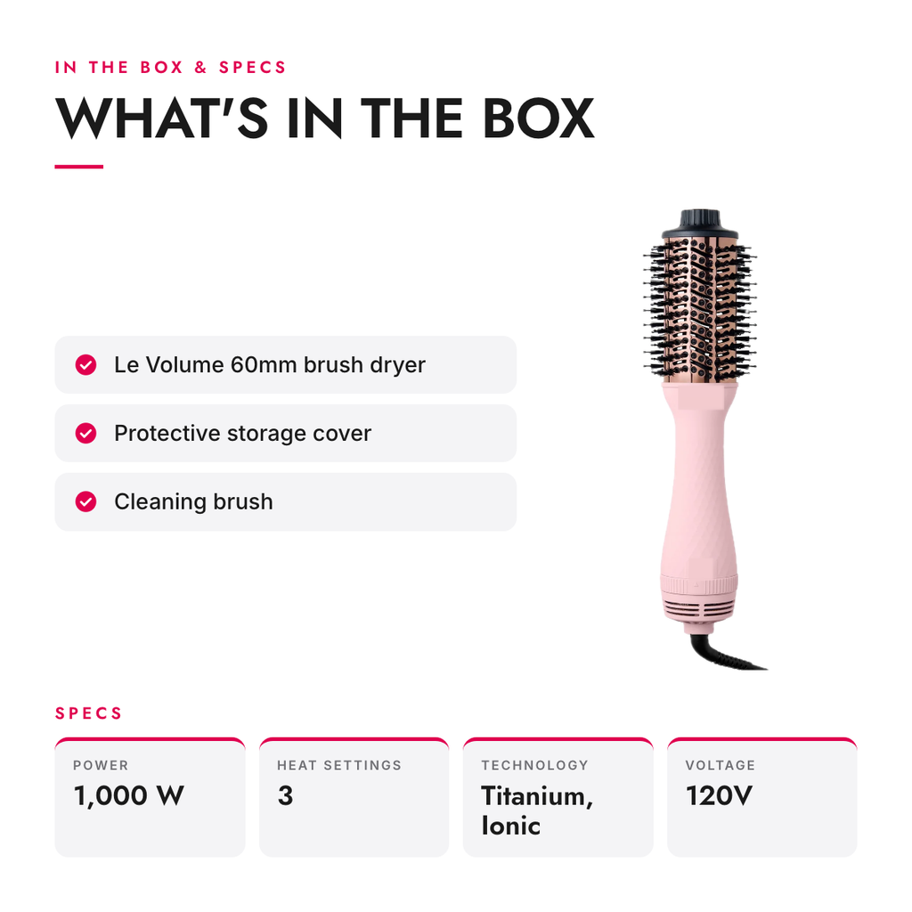 What's in the box and specifications: 2-in-1 Titanium Blow-Dryer Brush, 60mm Oval Barrel
