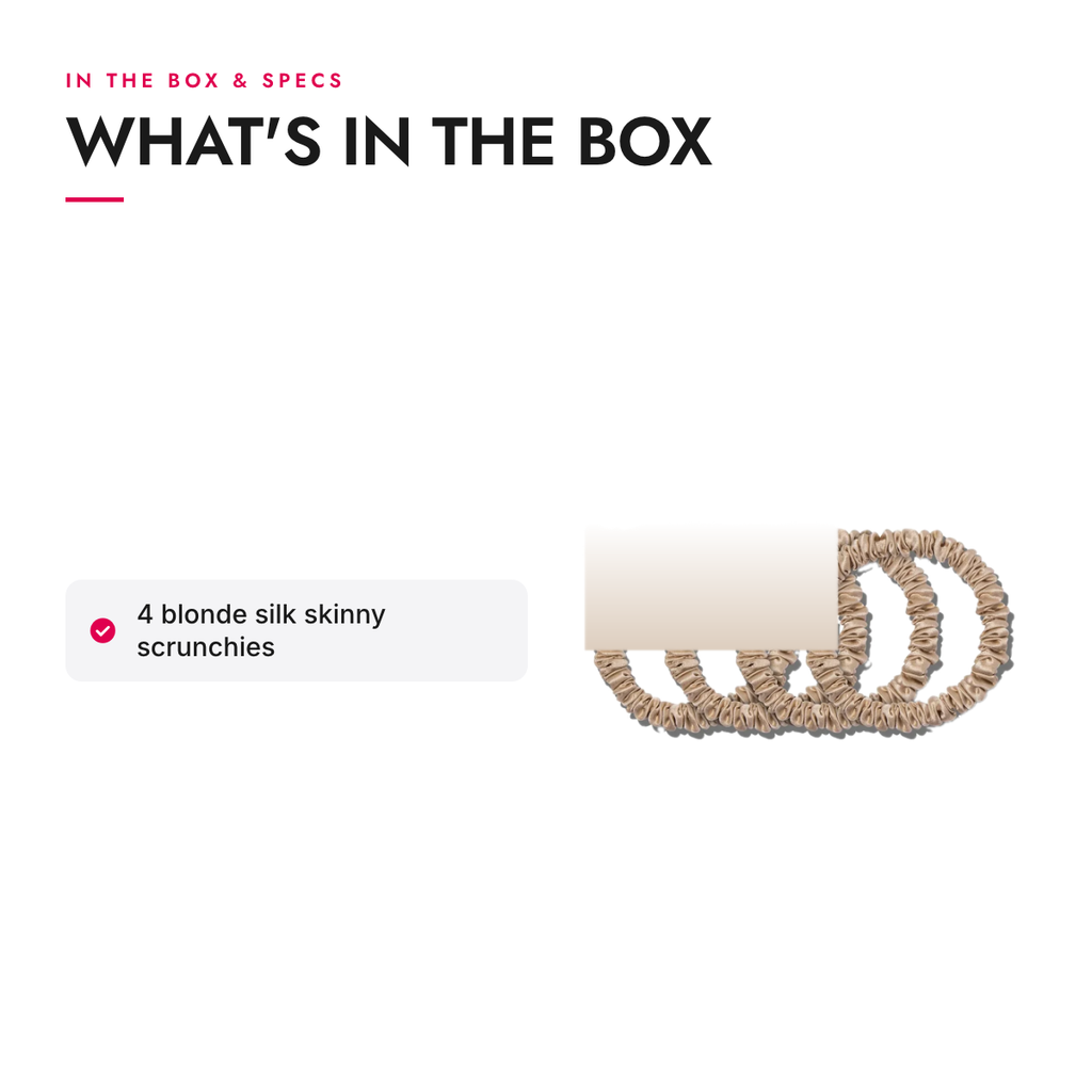 What's in the box and specifications: Mulberry Silk Skinny Scrunchies, Blonde, Set of 4