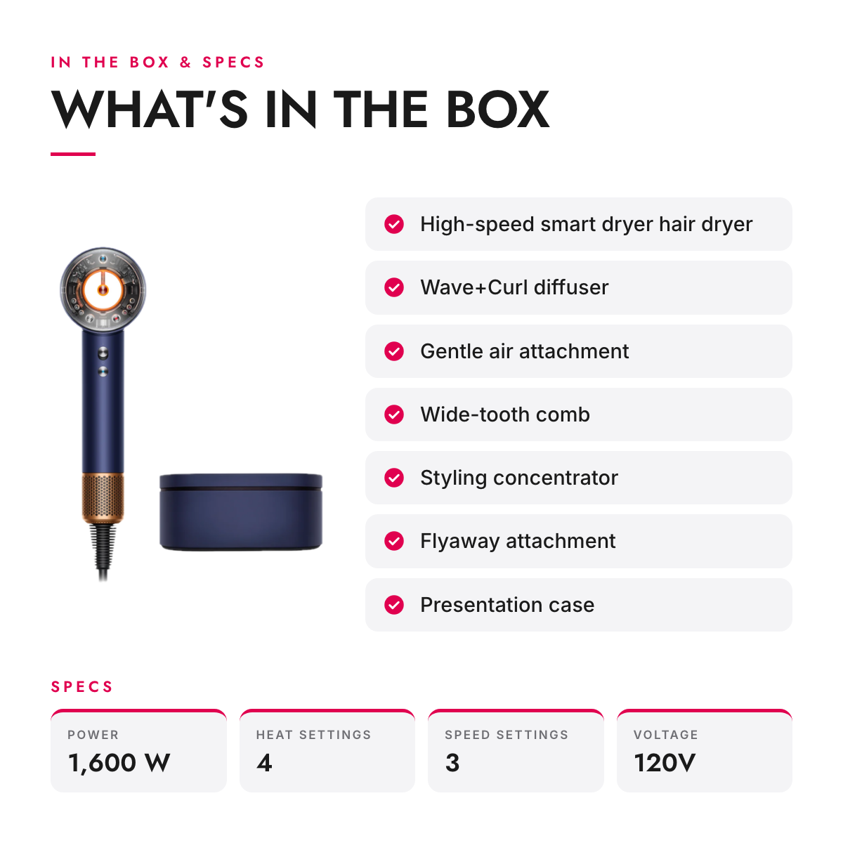 What's in the box and specifications: Smart Hair Dryer with Scalp Sensor, 5 Magnetic Attachments and Case
