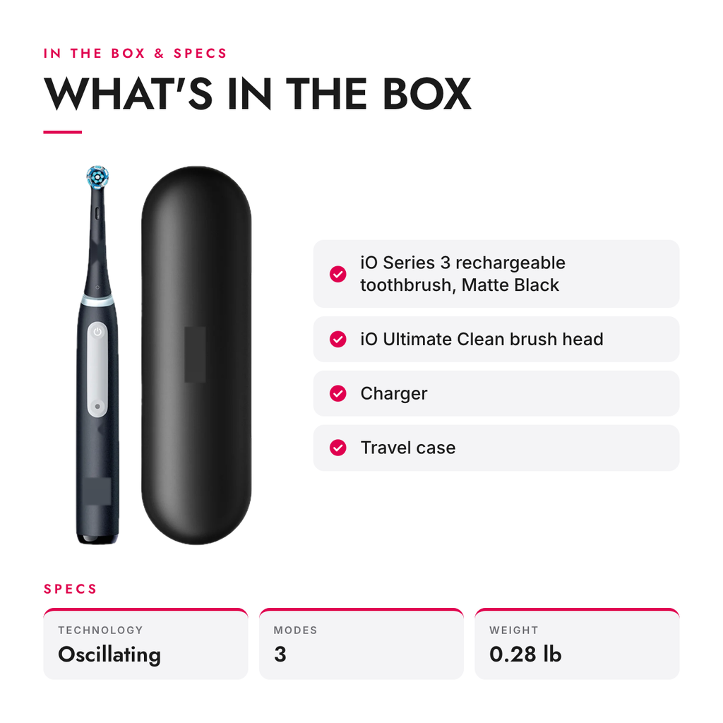 What's in the box and specifications: Rechargeable Electric Toothbrush with 3 Modes, Pressure Sensor and Travel Case