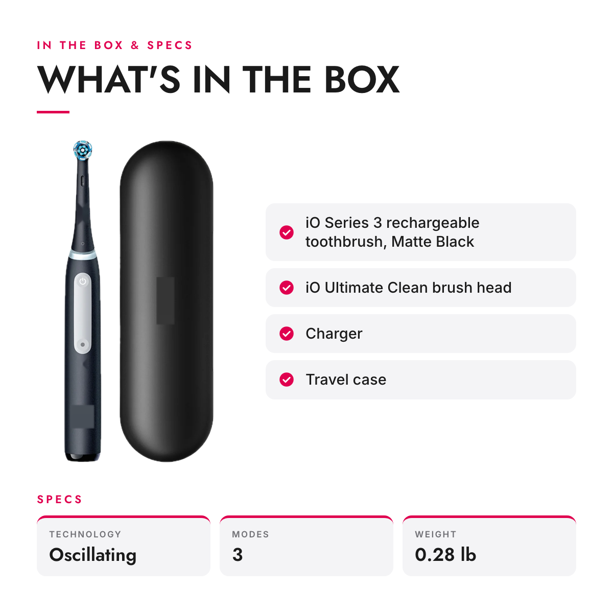 What's in the box and specifications: Rechargeable Electric Toothbrush with 3 Modes, Pressure Sensor and Travel Case