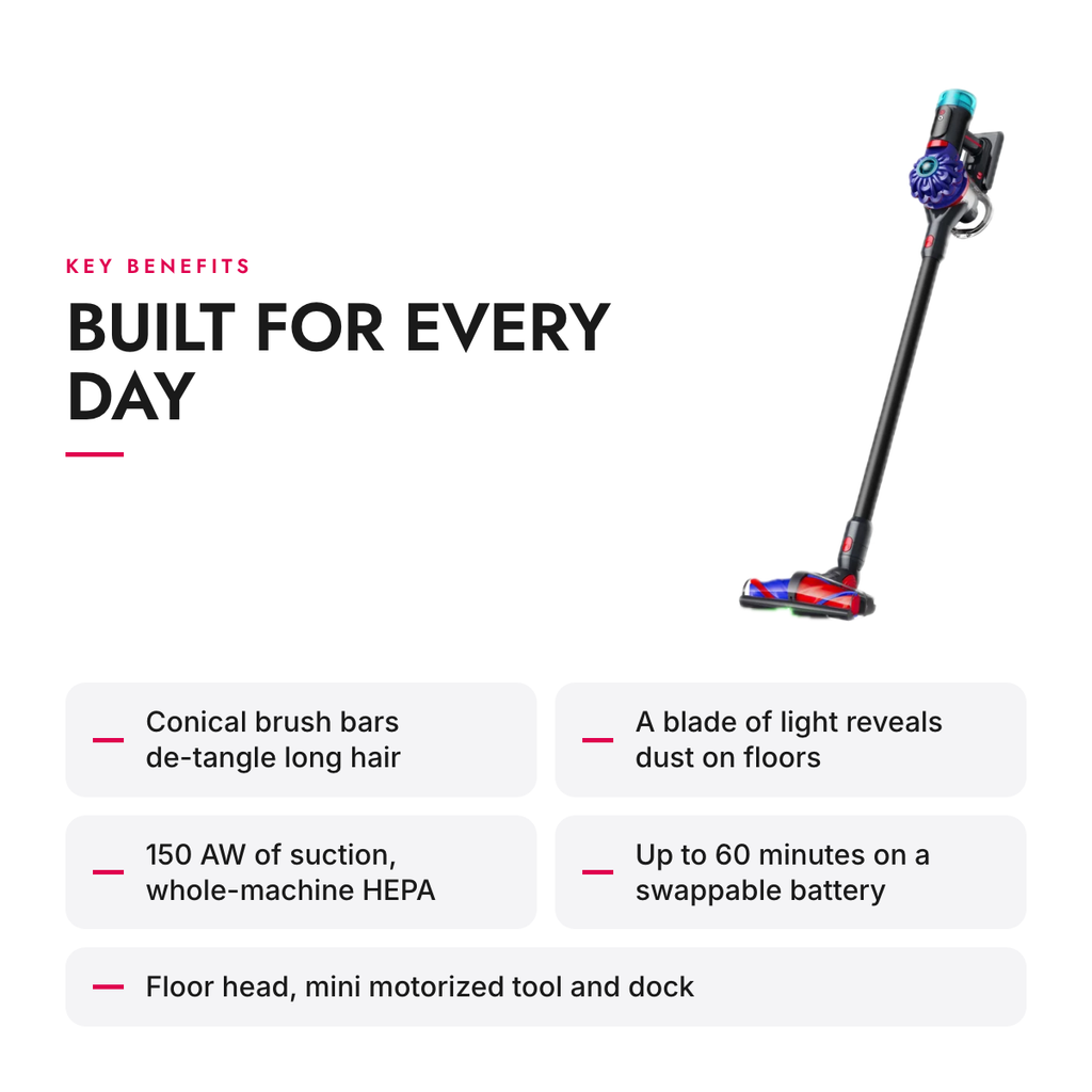 Key benefits of the Cordless Stick Vacuum with Conical Brush Bars, Dust Light and HEPA Filtration