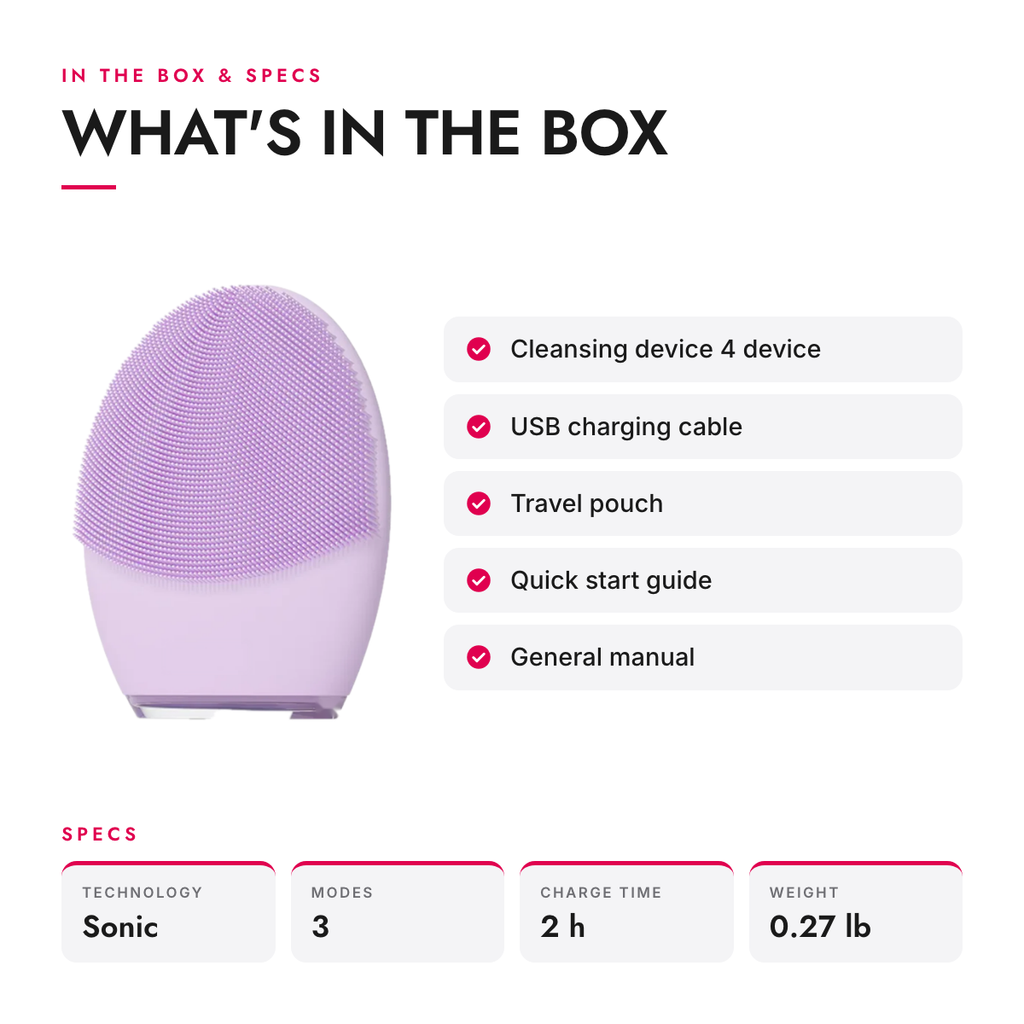 What's in the box and specifications: Silicone Sonic Facial Cleansing and Firming Brush for Sensitive Skin