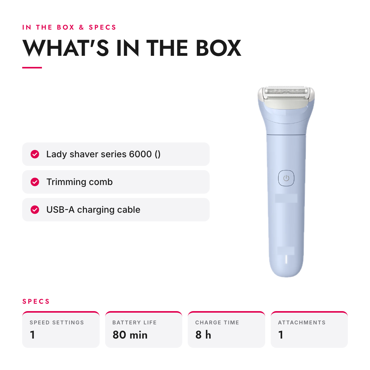 What's in the box and specifications: Cordless Wet & Dry Women's Shaver with Trimming Comb
