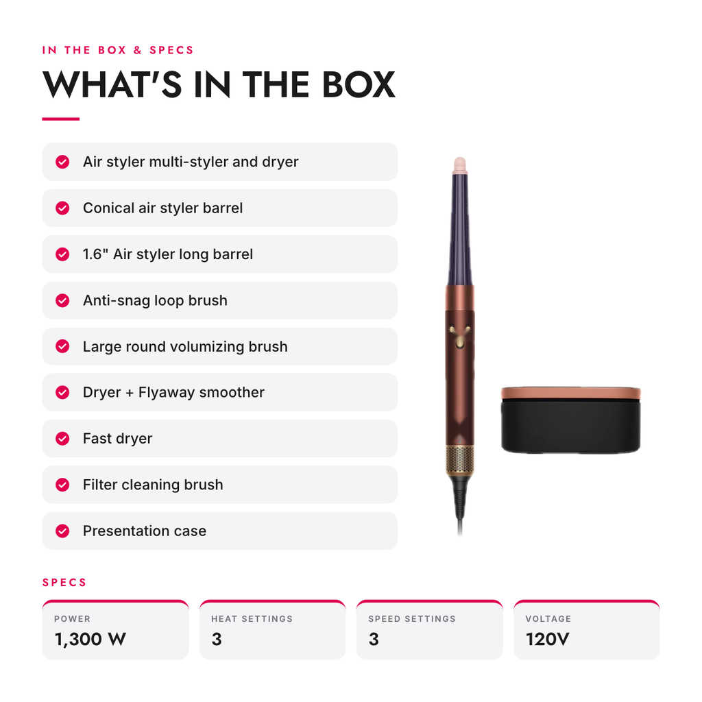 What's in the box and specifications: 6-in-1 Air Multi-Styler and Dryer with Two Barrels, Two Brushes and Case