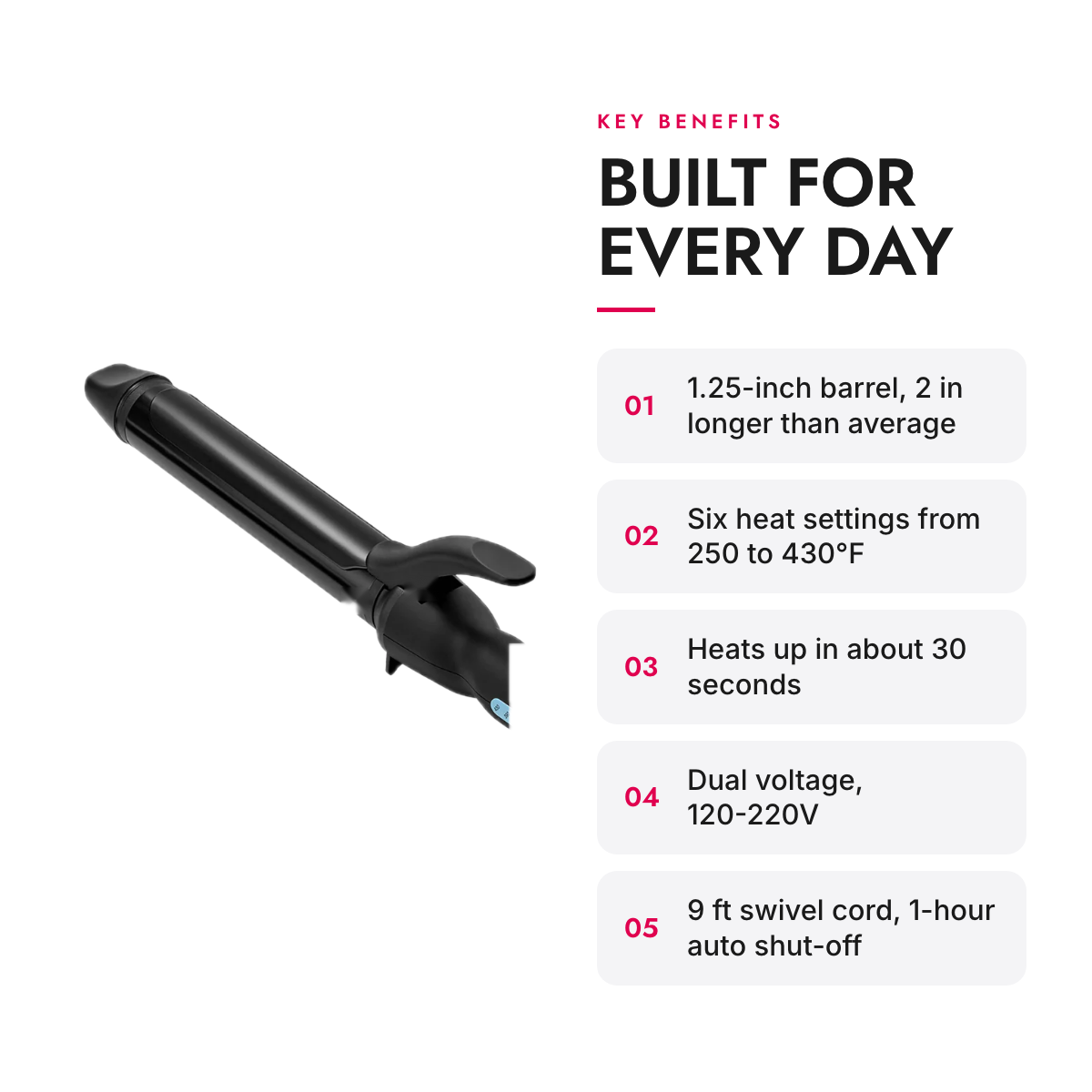 Key benefits of the 1.25-Inch Extra-Long Ceramic Curling Iron, Dual Voltage