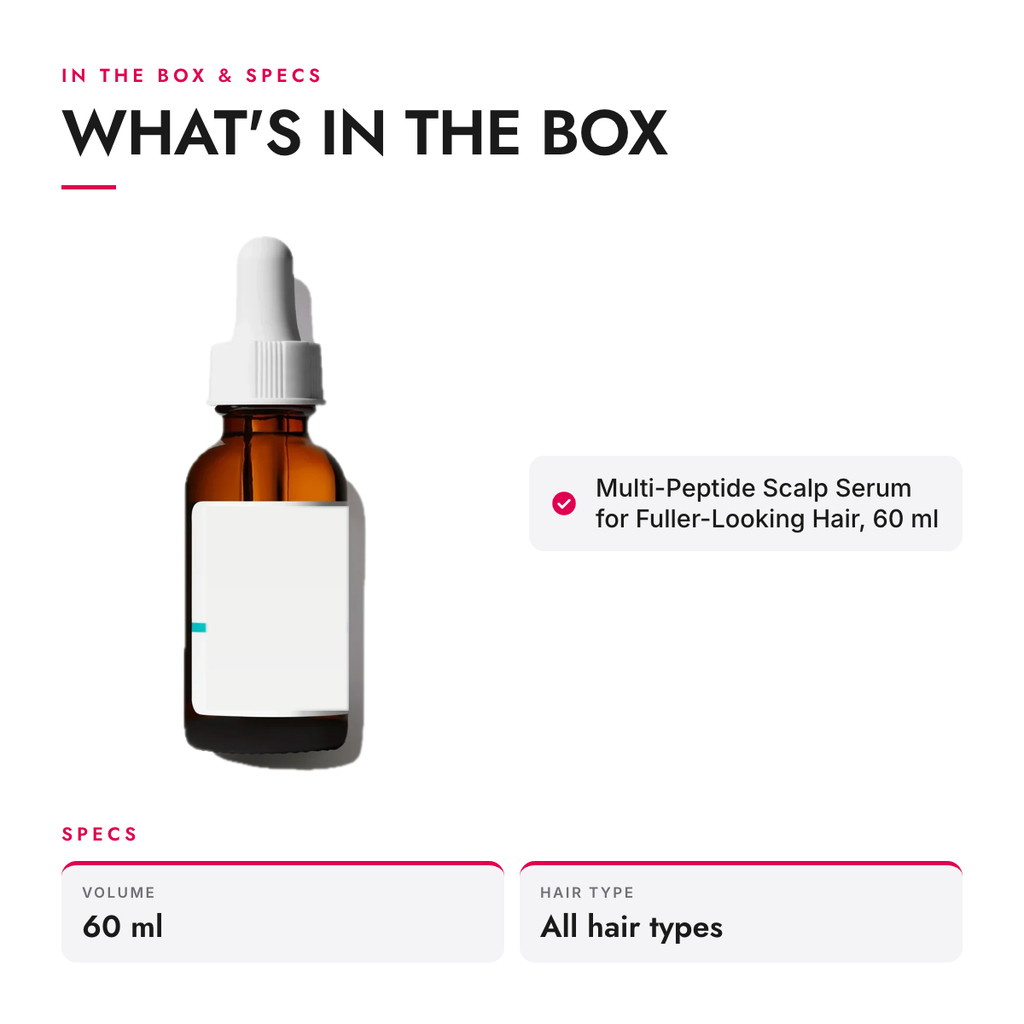 What's in the box and specifications: Multi-Peptide Scalp Serum for Fuller-Looking Hair, 60 ml