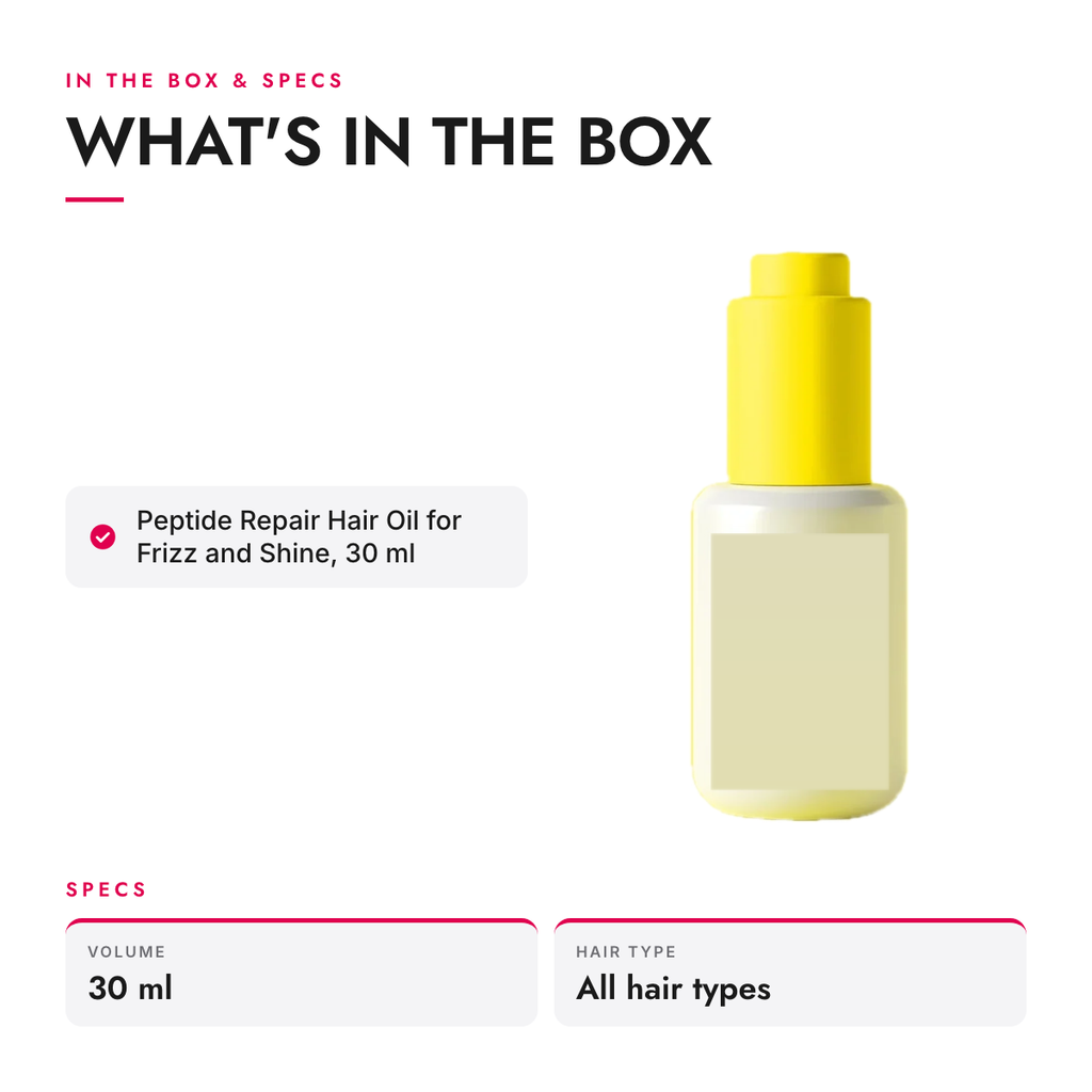 What's in the box and specifications: Peptide Repair Hair Oil for Frizz and Shine, 30 ml