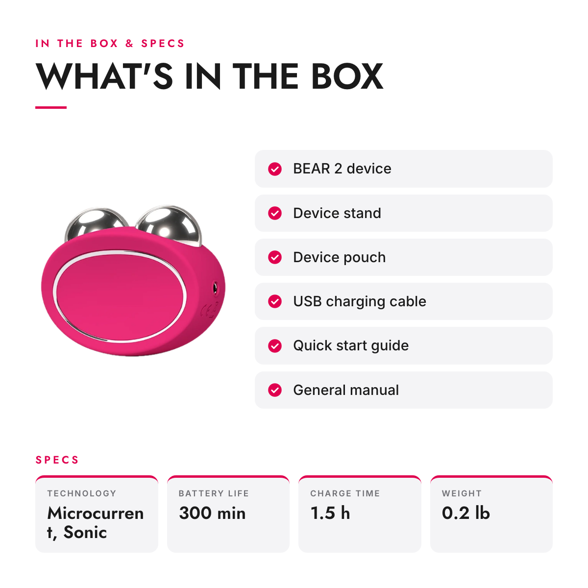 What's in the box and specifications: Microcurrent Facial Toning Device with Sonic Massage