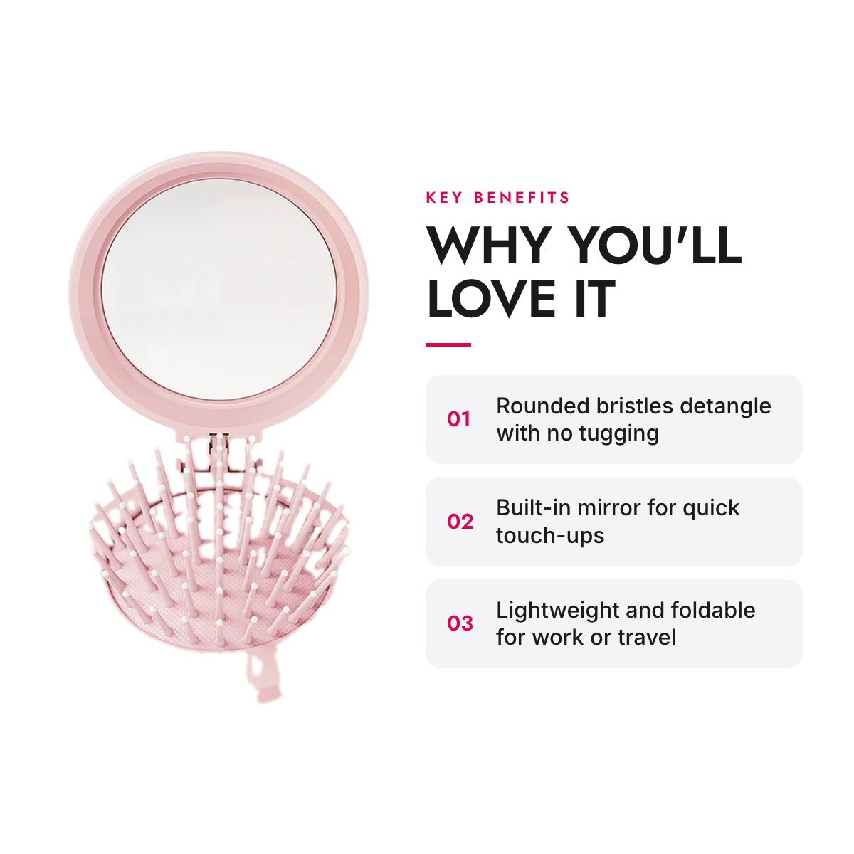 Key benefits of the Compact Folding Mini Hairbrush with Built-In Mirror