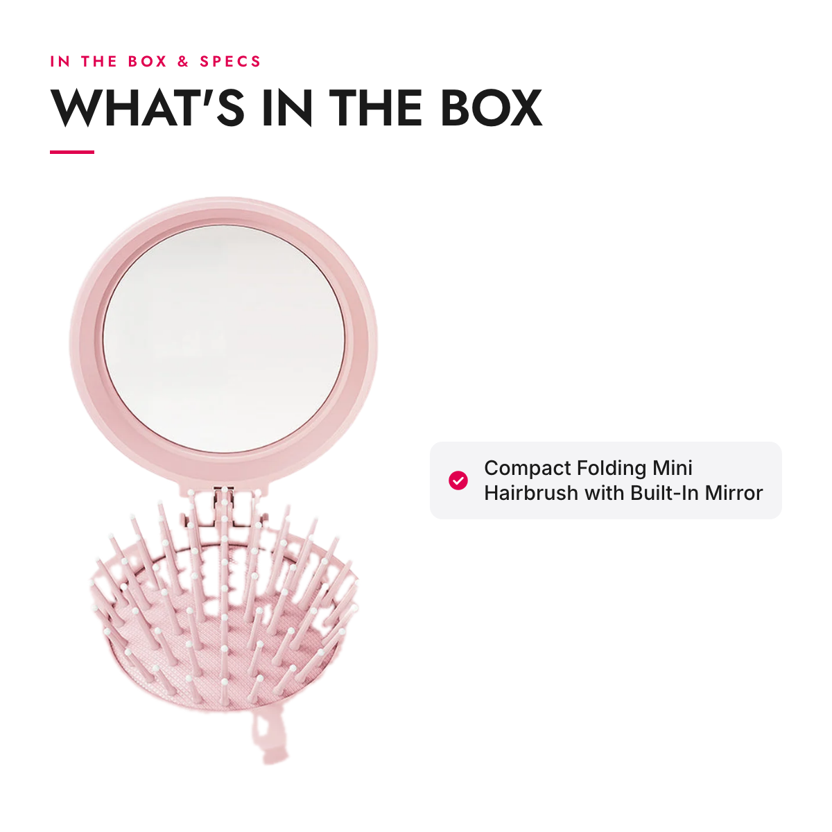 What's in the box and specifications: Compact Folding Mini Hairbrush with Built-In Mirror