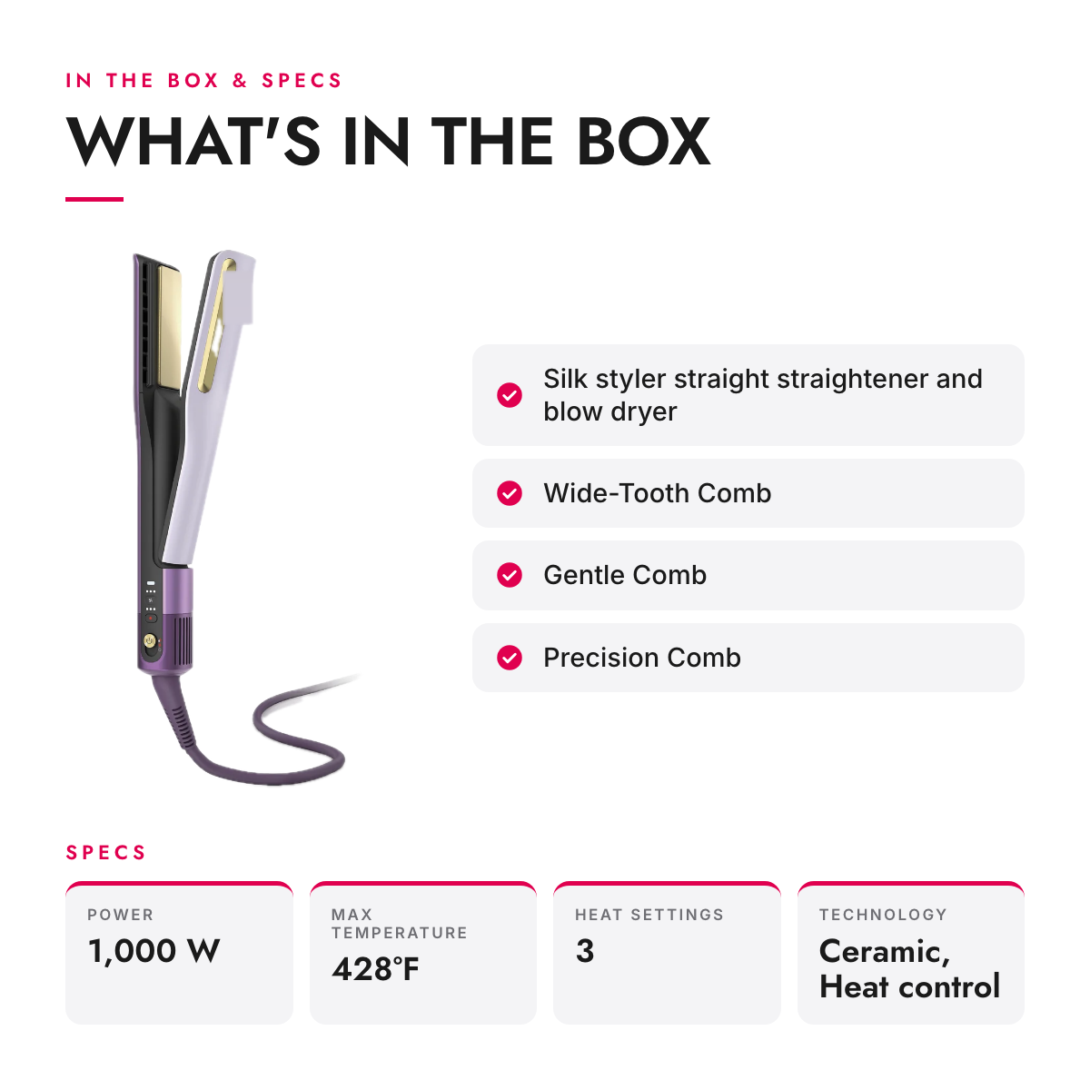 What's in the box and specifications: Wet-to-Dry Air Straightener with Ceramic Plates and 3 Combs