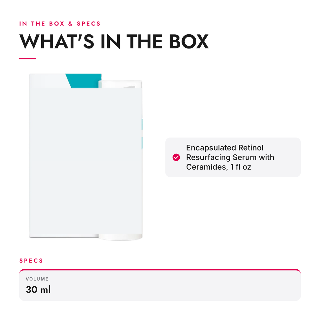 What's in the box and specifications: Encapsulated Retinol Resurfacing Serum with Ceramides, 1 fl oz