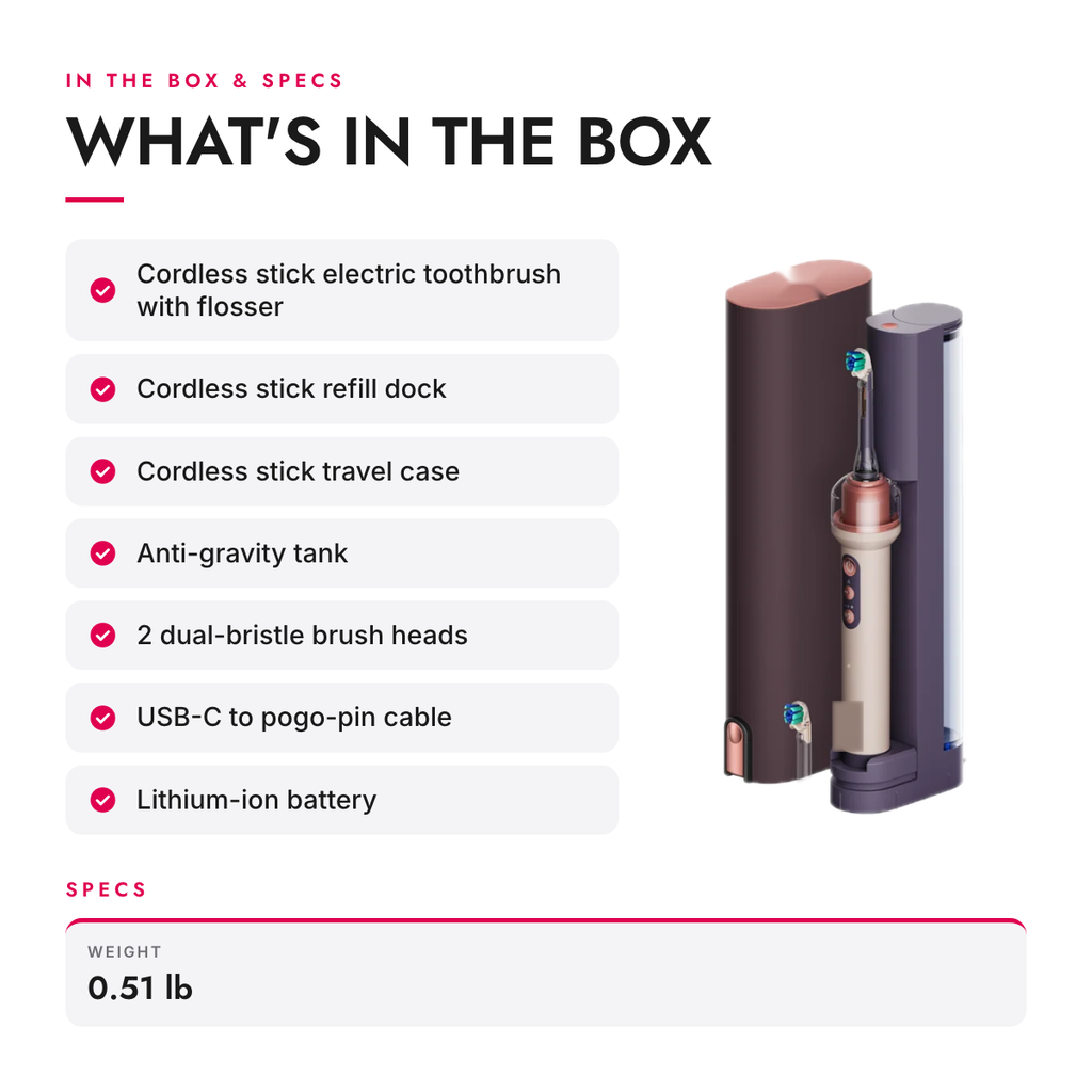 What's in the box and specifications: Sonic Electric Toothbrush with Built-In Camera, Water Jet and Refill Dock