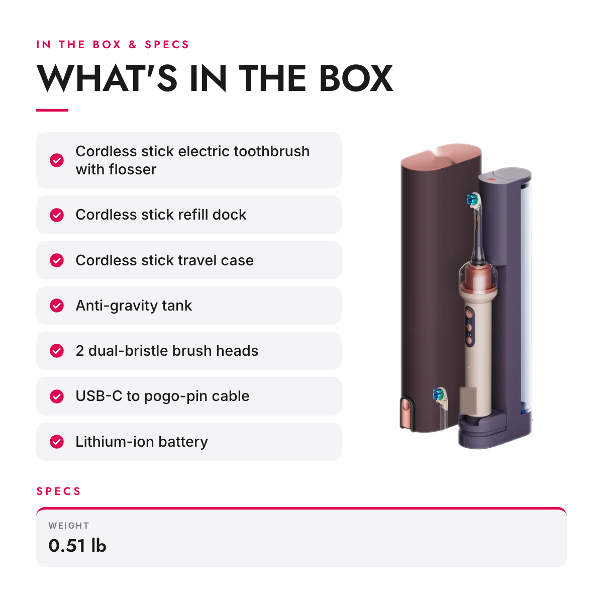 What's in the box and specifications: Sonic Electric Toothbrush with Built-In Camera, Water Jet and Refill Dock