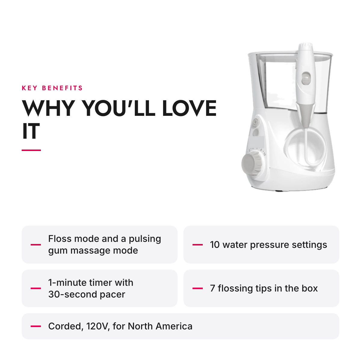 Key benefits of the Countertop Water Flosser with 10 Pressure Settings and 7 Tips