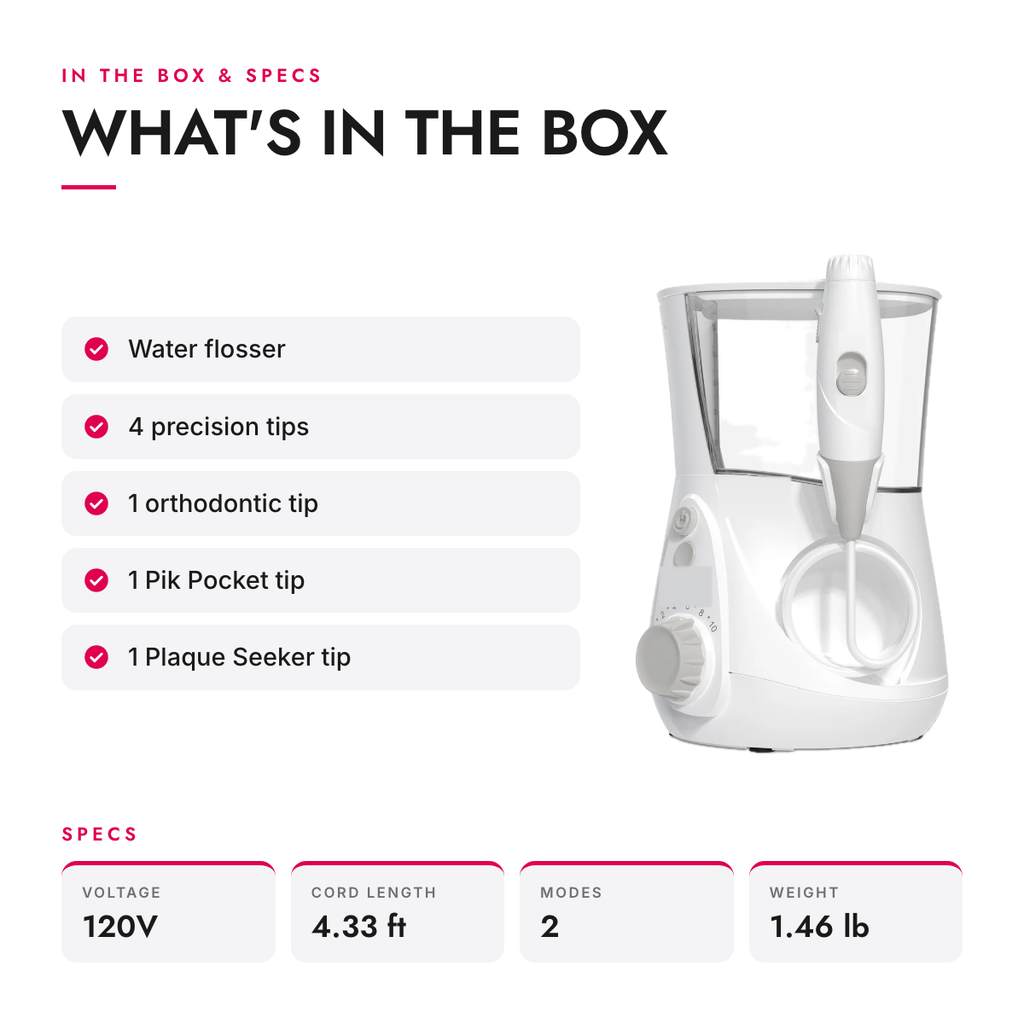 What's in the box and specifications: Countertop Water Flosser with 10 Pressure Settings and 7 Tips