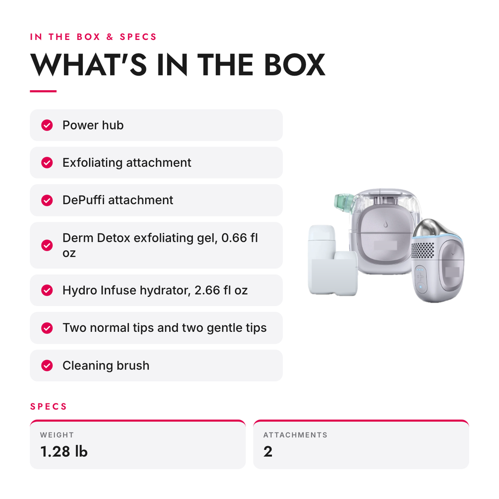 What's in the box and specifications: At-Home Hydro Facial System with Exfoliating Gel, Hydrator and Hot-Cold Depuffing Head