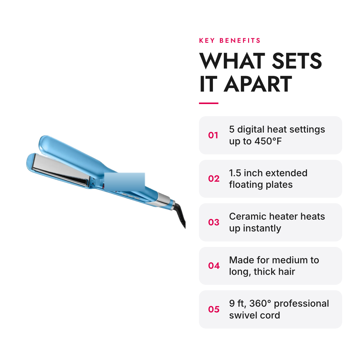 Key benefits of the Titanium Flat Iron with 1.5 inch Floating Plates, up to 450°F