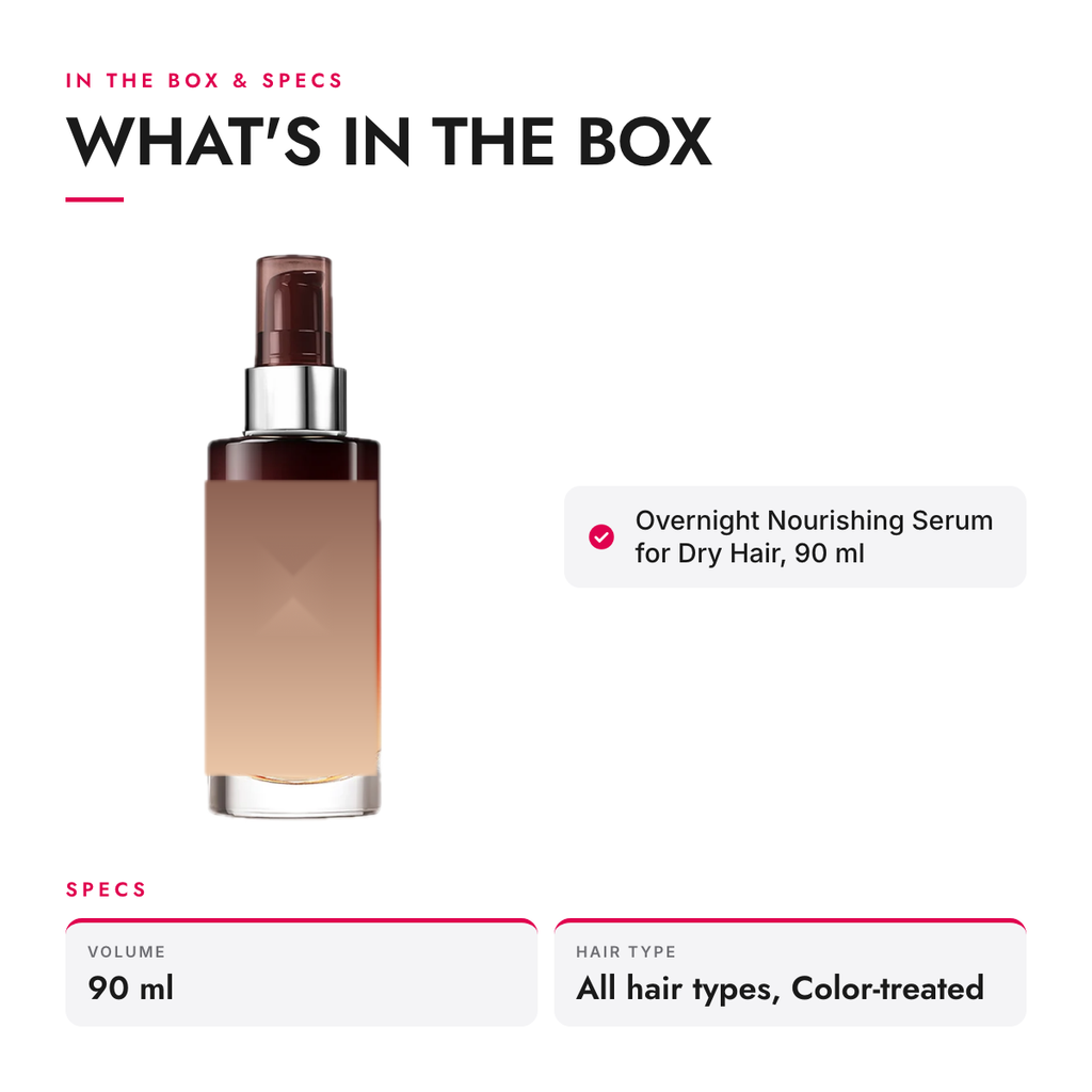 What's in the box and specifications: Overnight Nourishing Serum for Dry Hair, 90 ml