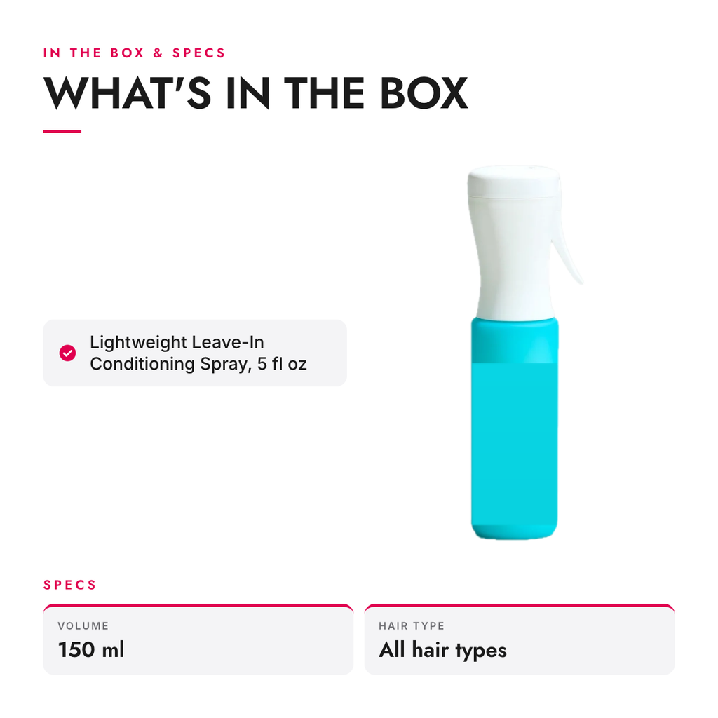 What's in the box and specifications: Lightweight Leave-In Conditioning Spray, 5 fl oz