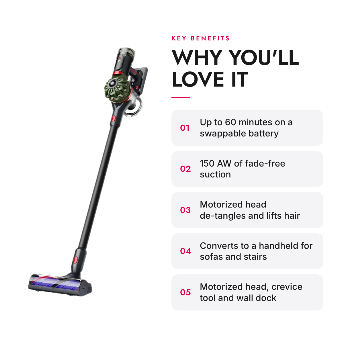 Key benefits of the Cordless Stick Vacuum with De-Tangling Motorized Head and Wall Dock