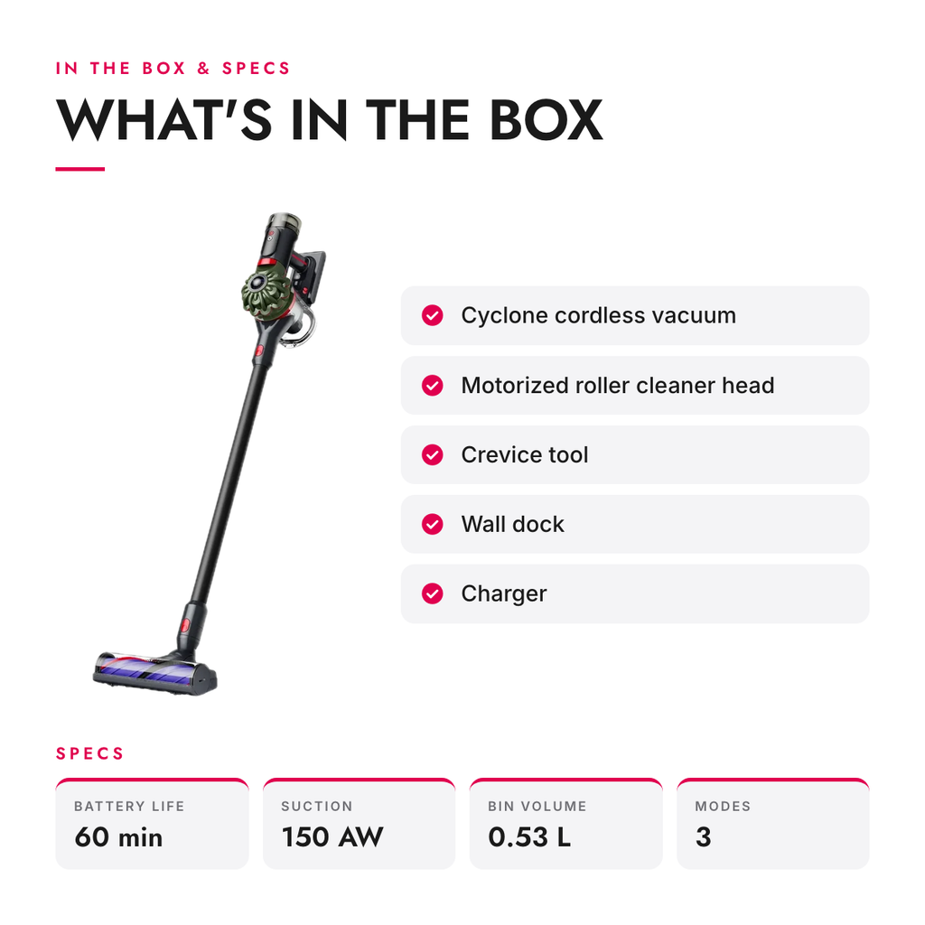 What's in the box and specifications: Cordless Stick Vacuum with De-Tangling Motorized Head and Wall Dock