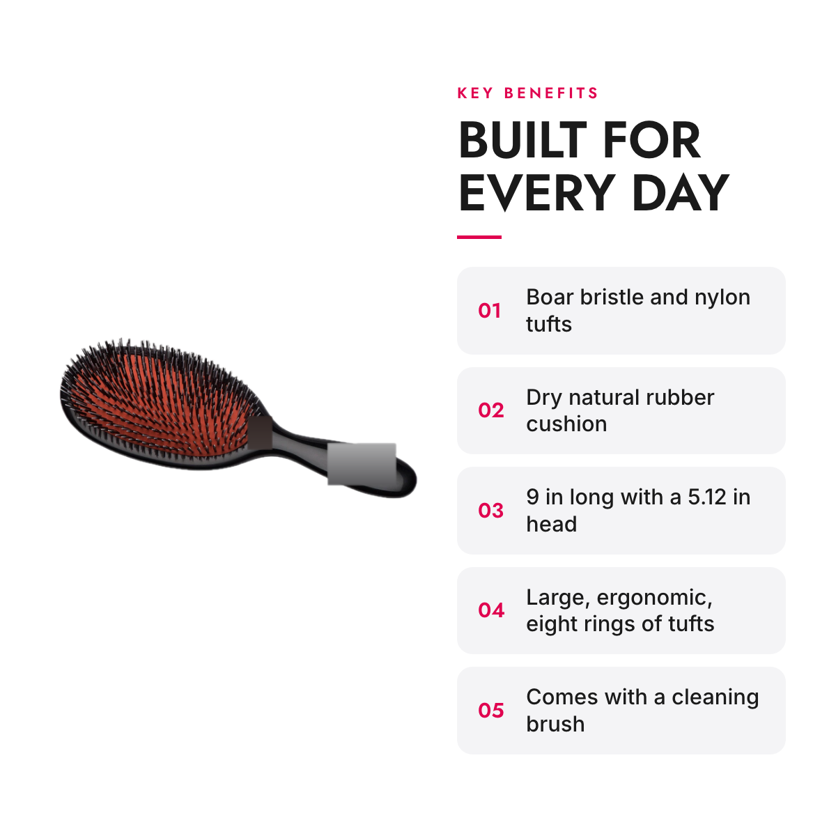 Key benefits of the Large Boar Bristle and Nylon Cushion Hairbrush, Dark Ruby