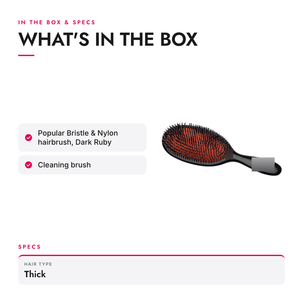 What's in the box and specifications: Large Boar Bristle and Nylon Cushion Hairbrush, Dark Ruby