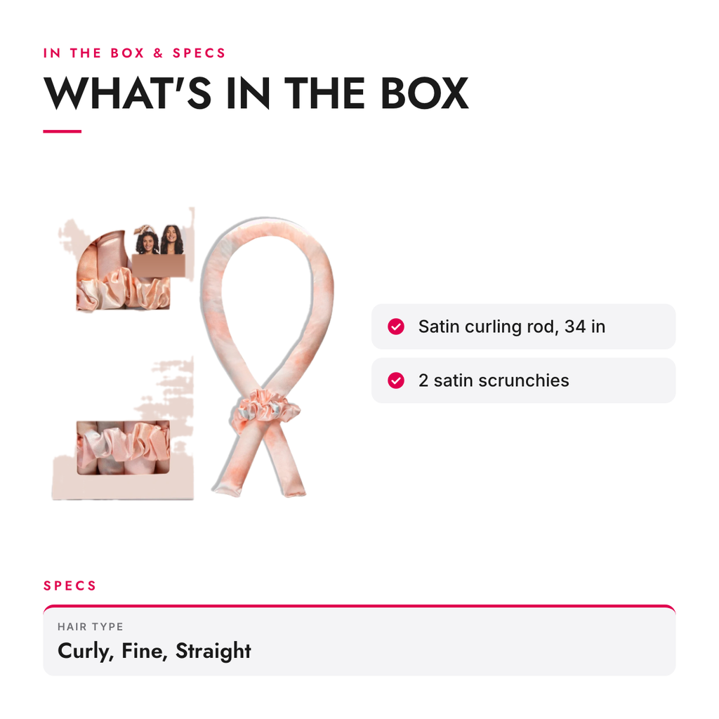 What's in the box and specifications: Satin Heatless Curling Rod Set with 2 Scrunchies, Tie Dye