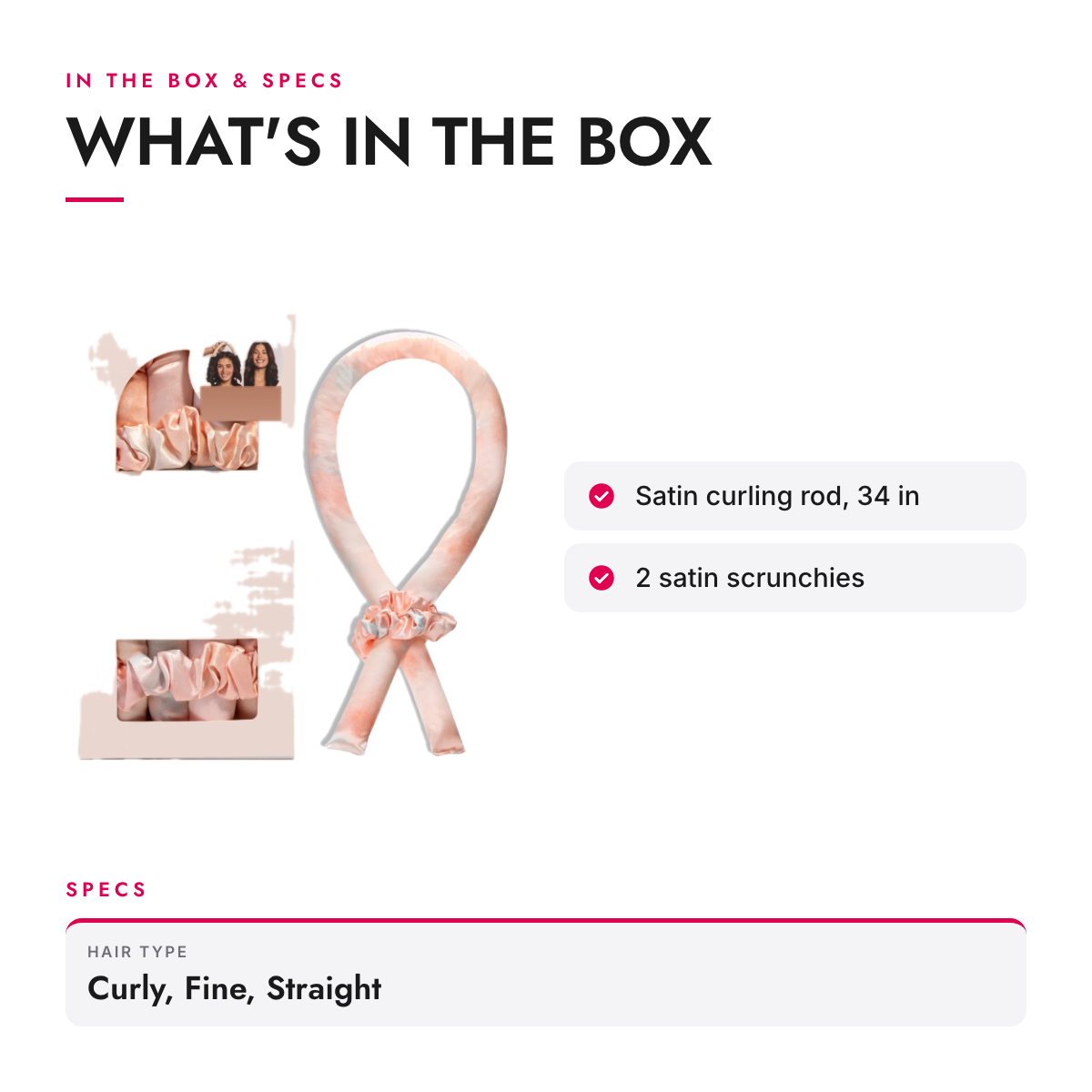 What's in the box and specifications: Satin Heatless Curling Rod Set with 2 Scrunchies, Tie Dye